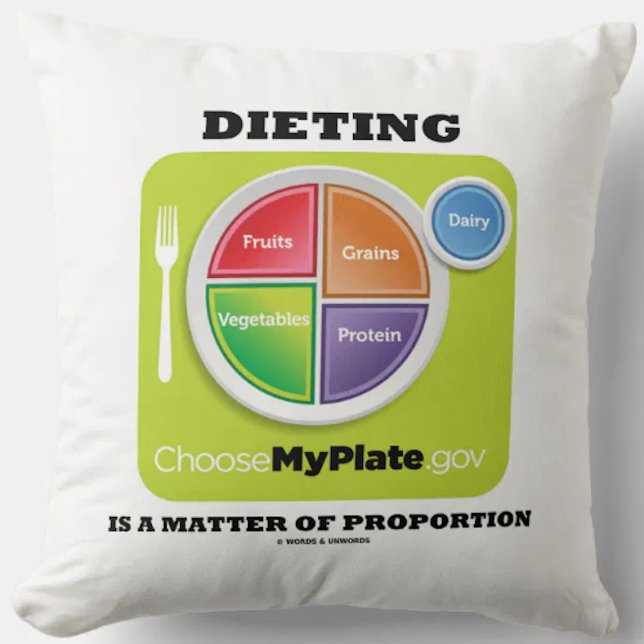 Coussin Dieting Est Une Question De Proportion (MyPlate) (Throw pillow featuring food groups and the truism saying "Dieting Is A Matter Of Proportion")
