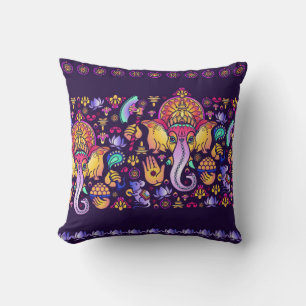 Coussin Dieu hindou Ganesha et symboles indiens en bande