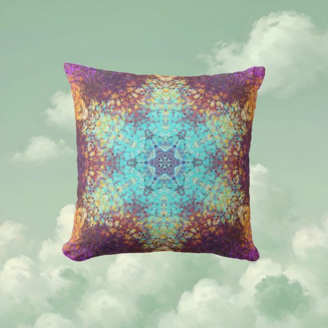 Coussin Digital Mandala bleu jaune et violet (Blue Yellow and Purple Digital Paint Mandala Throw Pillow By Wormhole Orbital)