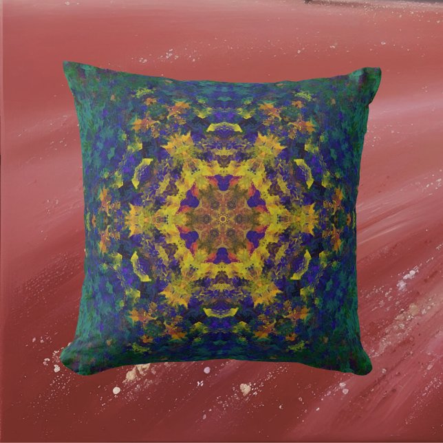 Coussin Digital Mandala jaune bleu et vert (Créateur téléchargé)