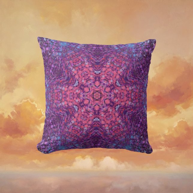 Coussin Digital Mandala rose violet et bleu (Pink Purple and Blue Digital Mandala Throw Pillow by Wormhole Orbital)