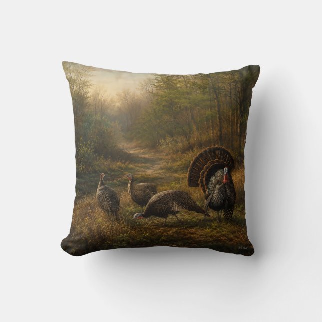 Coussin Dindons sauvages dans la forêt automnale (Recto)