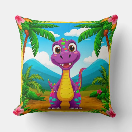 Coussin Dinosaure de dessin animé dans une scène tropicale (Recto)