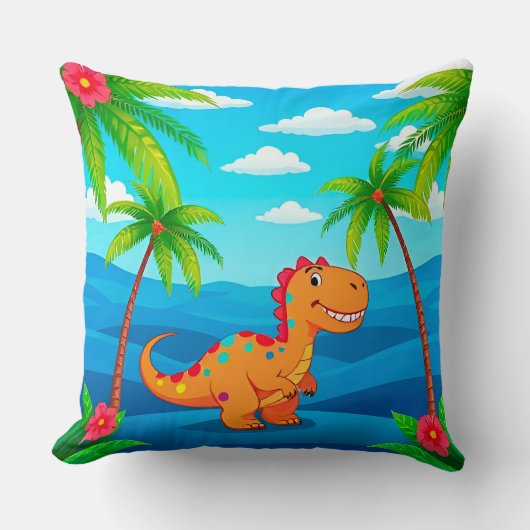 Coussin Dinosaure de dessin animé dans une scène tropicale (Recto)