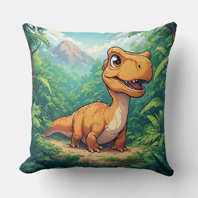 Coussin Dinosaure de dessin animé explorant une jungle tro (Recto)