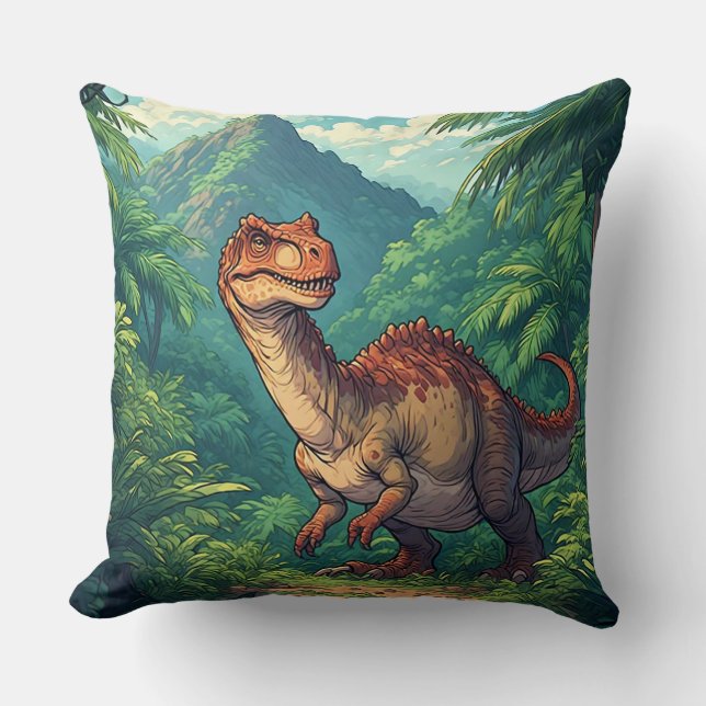 Coussin Dinosaure de dessin animé explorant une jungle tro (Recto)