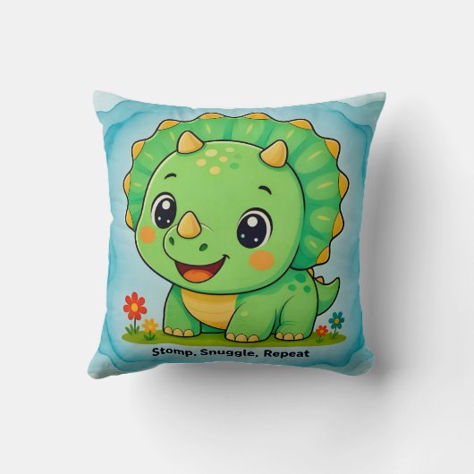 Coussin ~ DINOSAURE VERT ~ Piétiner câliner répéter ~ (Verso)