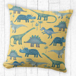 Coussin Dinosaures jaune<br><div class="desc">Peinture de dinosaures bleus,  Tyrannosaurus rex,  Spinosaurus,  Stegosaurus,  Diplodocus et Tricératops sur un arrière - plan jaune soleil. Eek !</div>