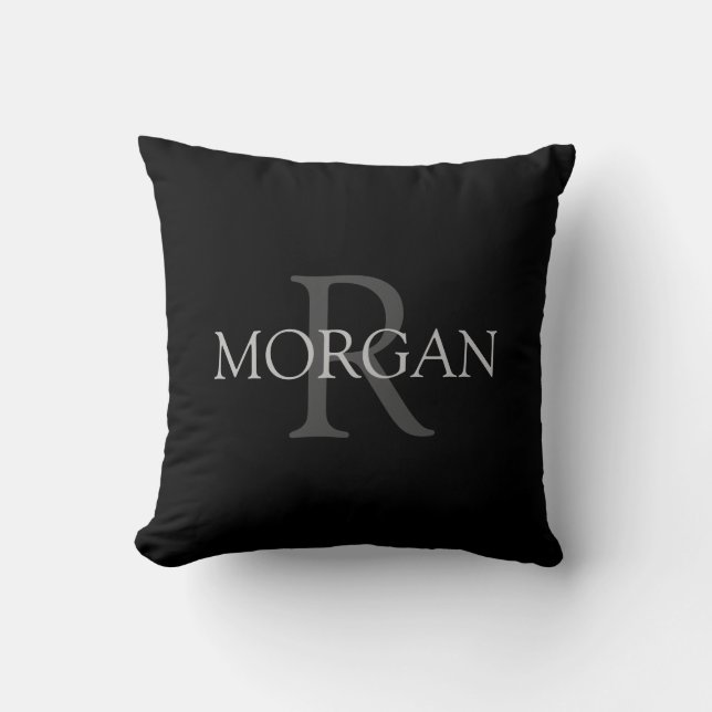 Coussin DIY Monogram & Name, Trendy Black with Grey Text (Recto)