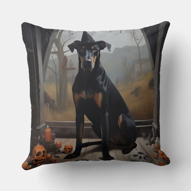 Coussin Doberman Citrouilles Halloween Épouvantable (Verso)