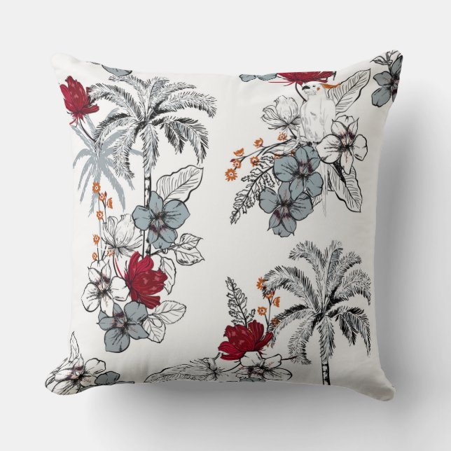 Coussin d'oiseaux floraux rouges/gris (Recto)