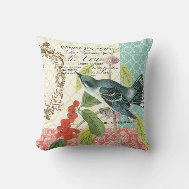 Coussin d'oiseaux français Vintage moderne (Recto)