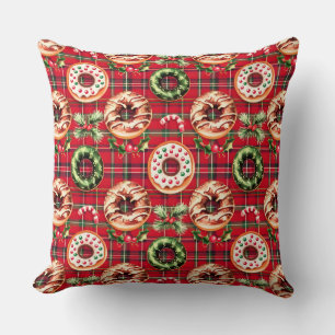 Coussin Donuts de Noël Rouge Rétro Rouge Tartan Plaid