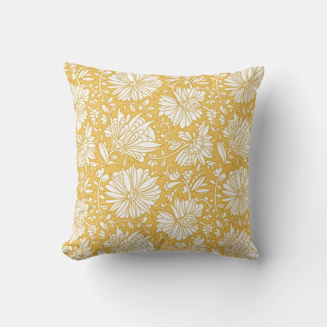 Coussin Doodle à fleurs dorées, abstrait dessiné à la main (Recto)