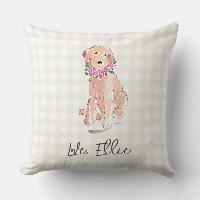 Coussin Doodle doré Art Dog Flowers Aimer NOM En vichy (Recto)