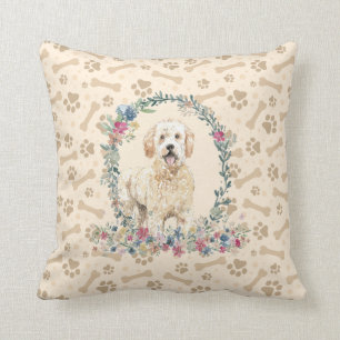 Coussin Doodle Doré Chien Empreinte de patte & Floral Cute