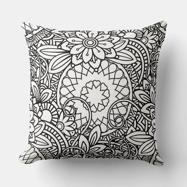 Coussin Doodle noir et blanc abstrait (Recto)