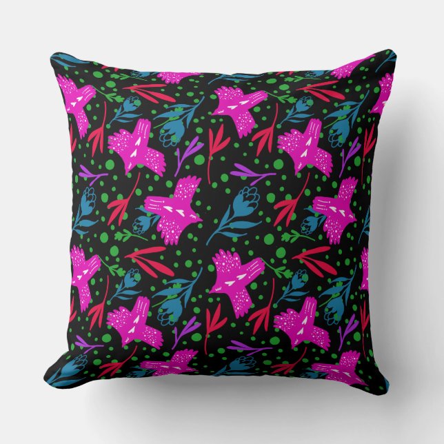 Coussin Doodle pattern flowers, leaves birds black backgro (Recto)