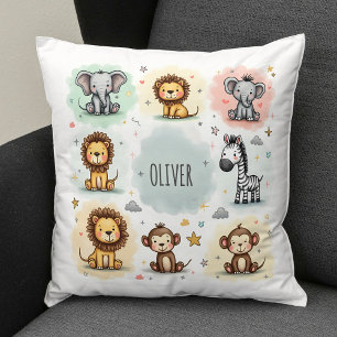 Coussin Doodles d'animaux de safari aquarelle mignons