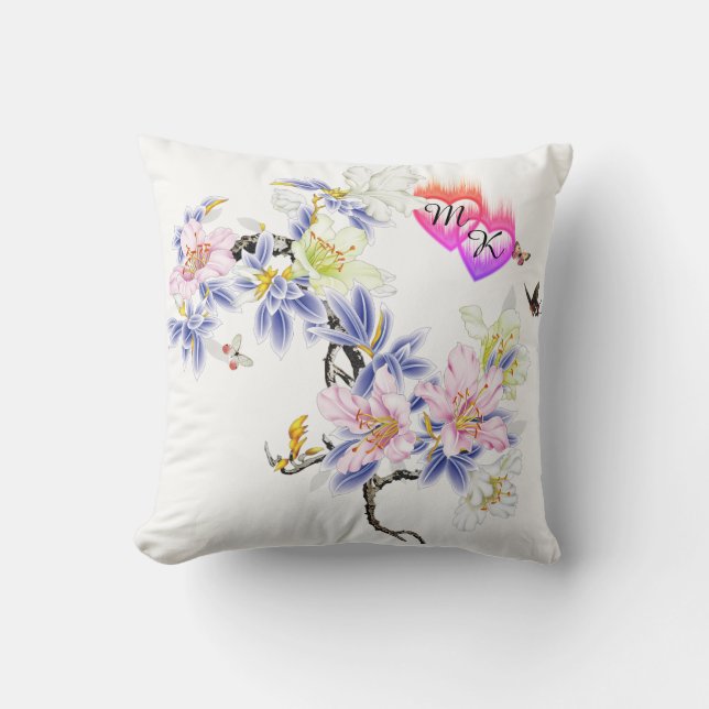 Coussin Double Coeurs flamboyants Monogrammes avec Fleurs (Recto)