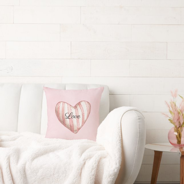 Coussin Douce Amour Cœur Rayé Rose Blush (Canapé)