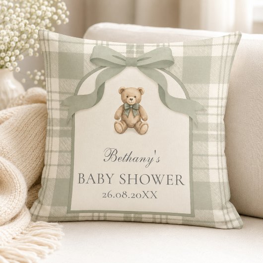 Coussin Douce Fête de Naissance Ourson Gingham Vert Sauge