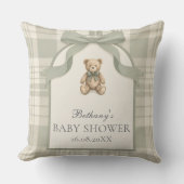 Coussin Douce Fête de Naissance Ourson Gingham Vert Sauge (Recto)