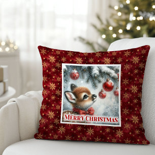 Coussin Douce scène de forêt enneigée bébé cerf festive No