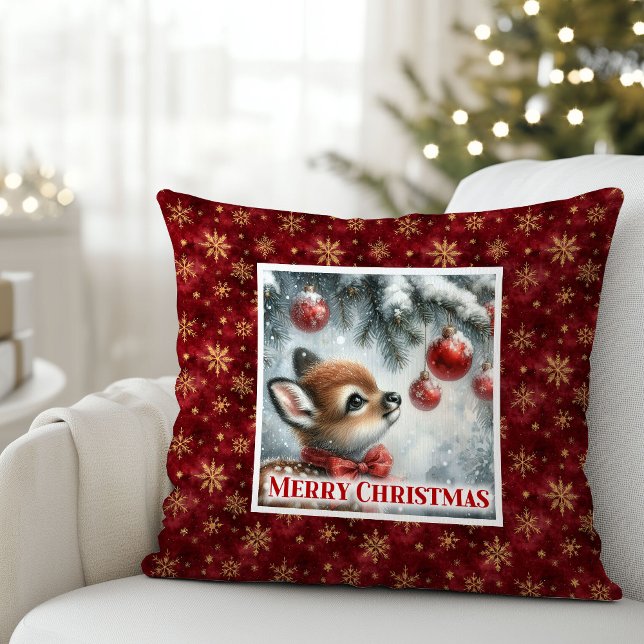 Coussin Douce scène de forêt enneigée bébé cerf festive No (Gentle snowy forest baby deer festive scene Christmas pillow)