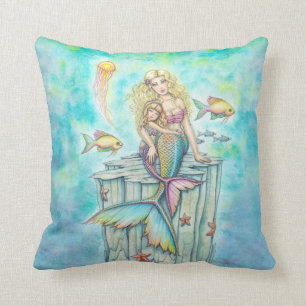 Coussin Douce sirène et fille fantaisie art aquarelle