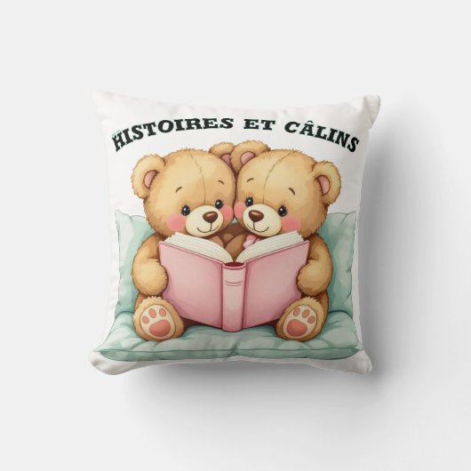 Coussin Doux avec Deux Oursons Lisant Ensemble –  (Recto)