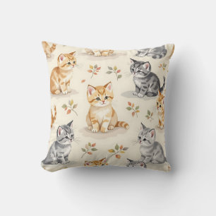 Coussin Doux Ginger et chaton gris aquarelle sans couture