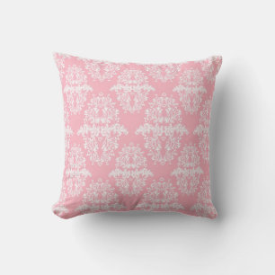 Coussin Doux motif damassé rose et blanc vintage
