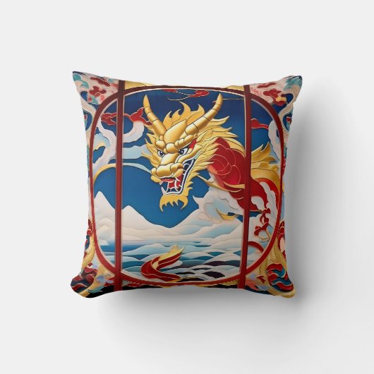 Coussin Dragon à souffle de feu Or et rouge (Recto)