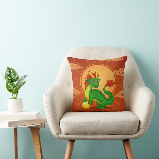 Coussin Dragon Chinois Vert sur Fond Rouge (Chaise)