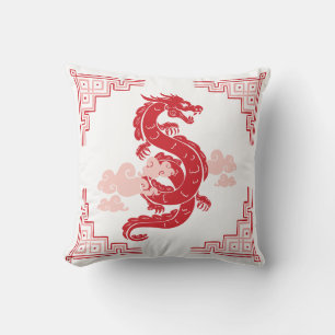 Coussin Dragon de la Chinoiserie rouge et nuages