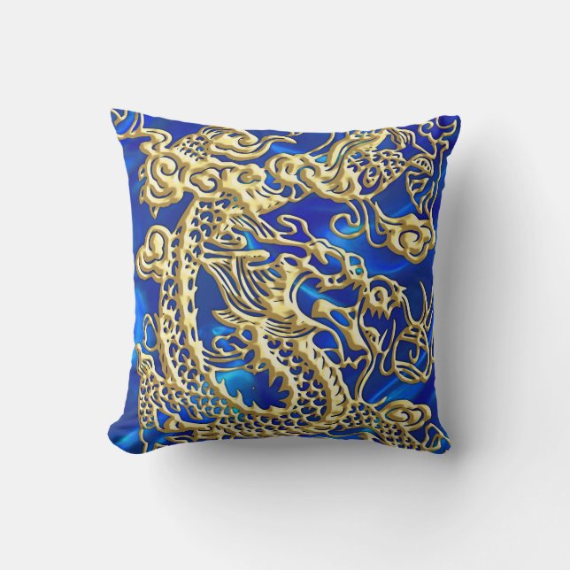 Coussin Dragon d'or incorporé sur BlueSatin (Recto)