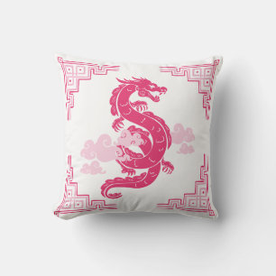 Coussin Dragon et nuages de Chinoiserie rose
