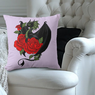 Coussin Dragon Noir Roses Rouges Lavande