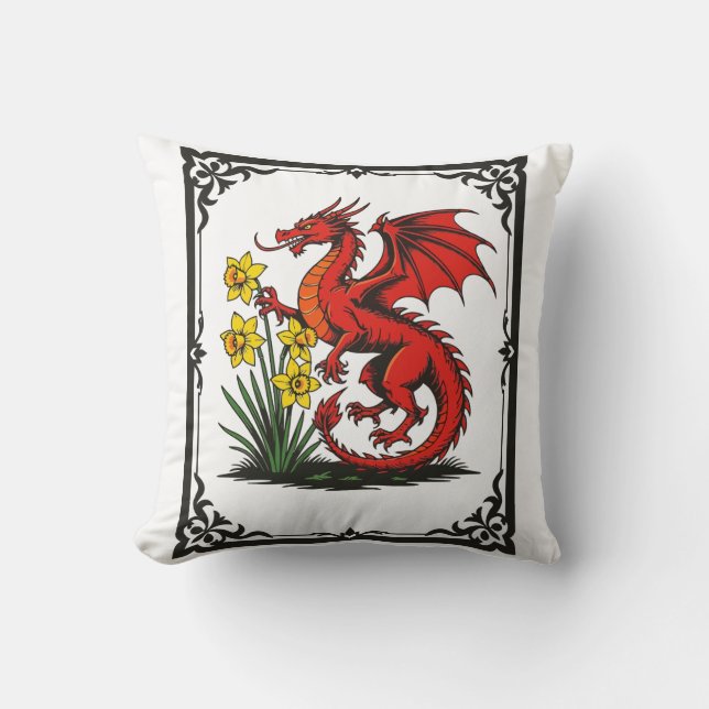 Coussin Dragon Rouge et Jonquilles avec Bordure Décorative (Recto)