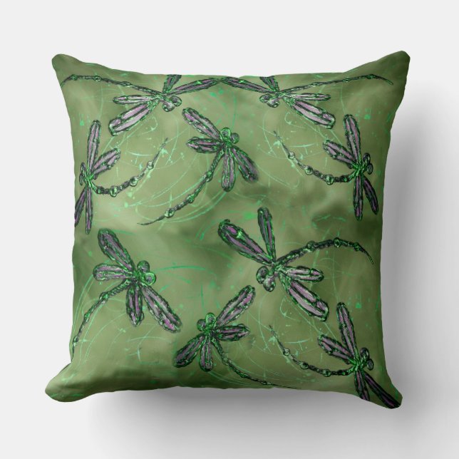 Coussin Dragonflies à ailes violettes sur Vert doux (Recto)