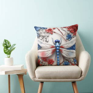 COUSSIN DRAGONFLIES ET FLEURS BLEU BLANC ROUGE PATRIOTIQUE