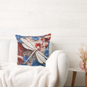 COUSSIN DRAGONFLIES ET FLEURS BLEU BLANC ROUGE PATRIOTIQUE