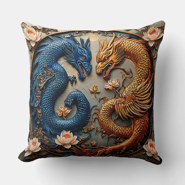Coussin Dragons Bleus et Dorés dans un Design Yin Yang (Recto)
