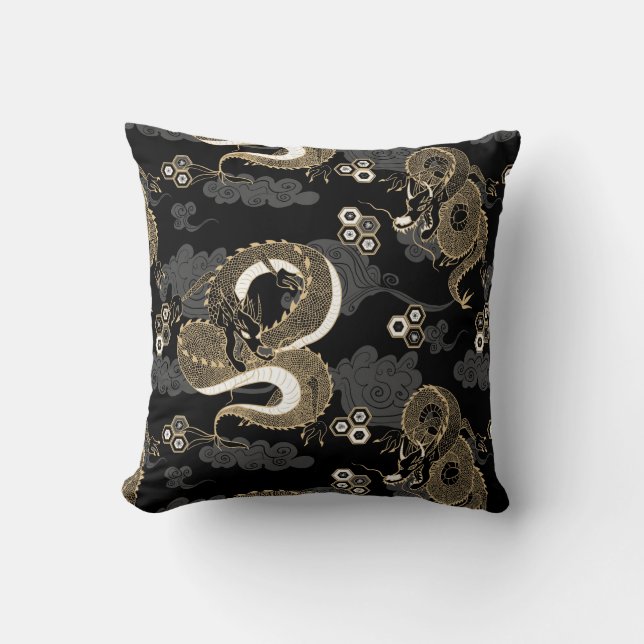 Coussin Dragons japonais Motif noir et or (Recto)
