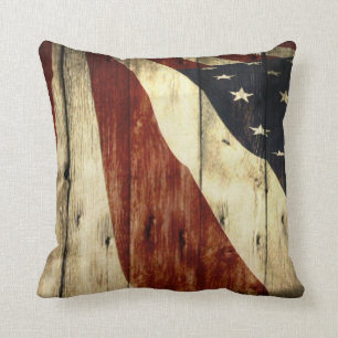 Coussin Drapeau américain en bois de grange americana