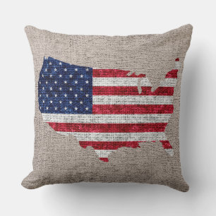 Coussin Drapeau américain et carte Burlap Linen Rustic Jut
