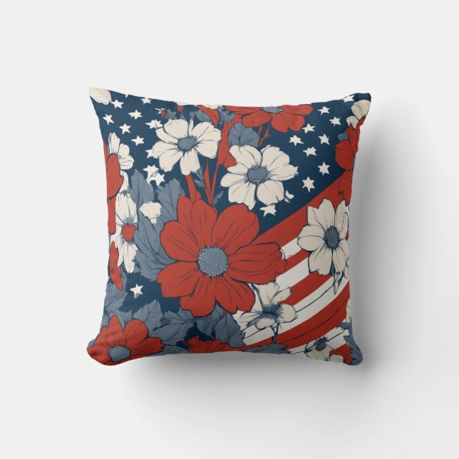 Coussin Drapeau américain et fleurs pastel atténués (Recto)
