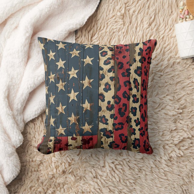 Coussin Drapeau américain rustique imprimé léopard (1) (Couverture)