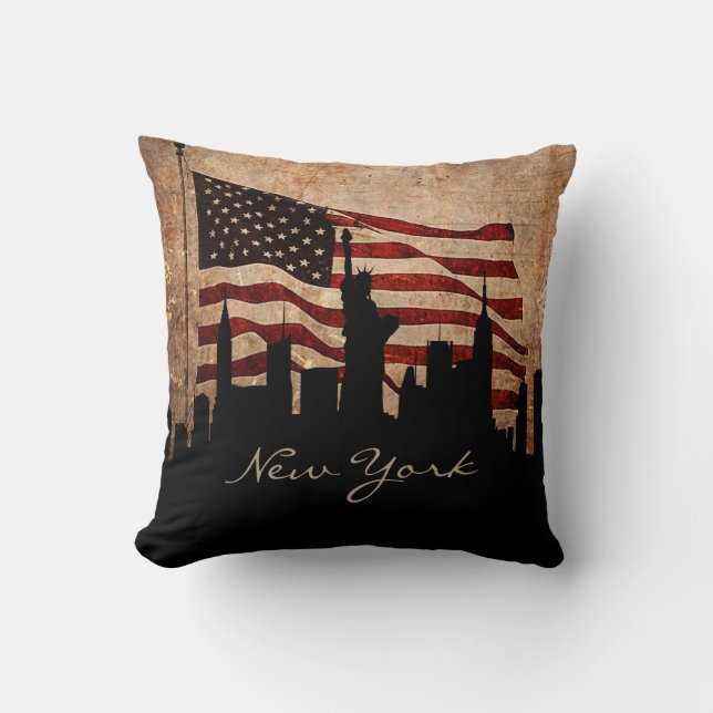 Coussin Drapeau américain rustique New York Skyline | Monu (Recto)